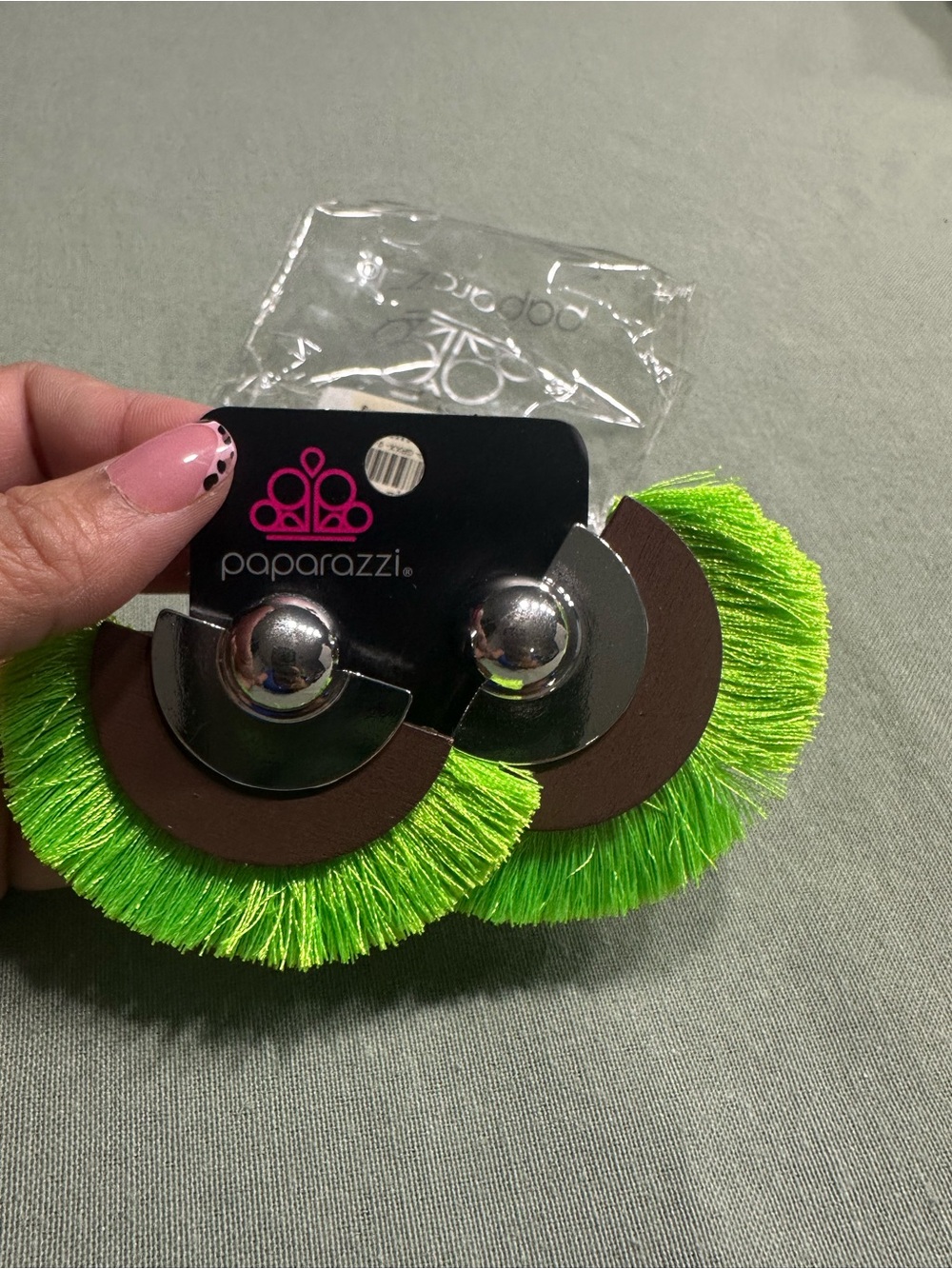 Paparazzi Lime Fringe Fan Earrings with Silver Accents and Brown Trim
